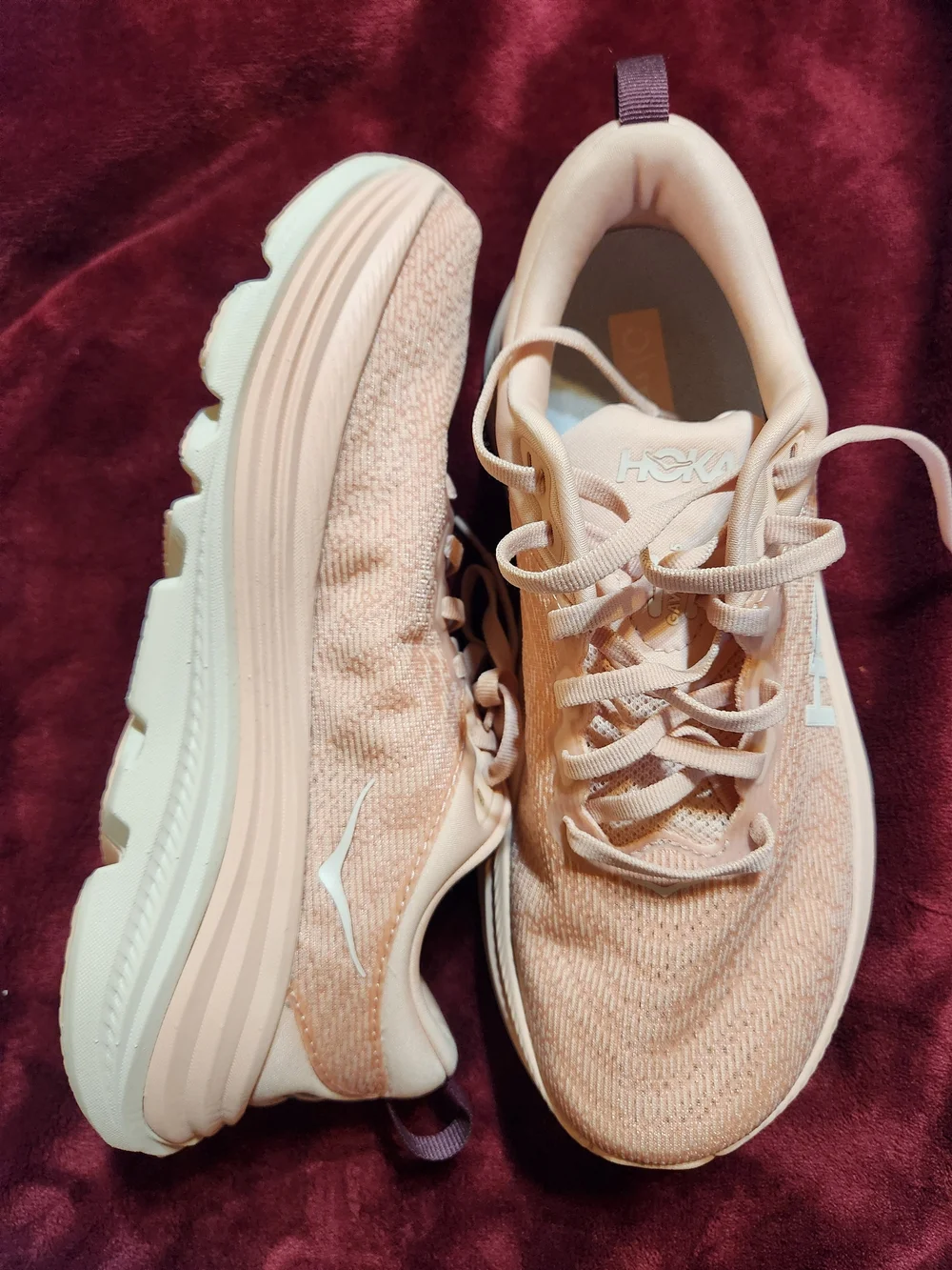 Hoka Women's Light Peach Knit Lace-Up Sneakers